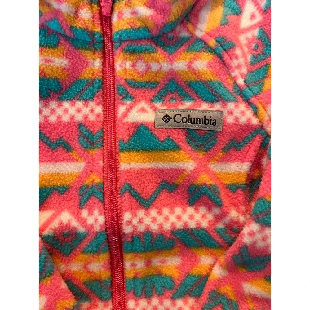 Columbia Girls Pink Aztec Geometric Fleece Jacket Full Zip XXS 4-5 Benton Spring
